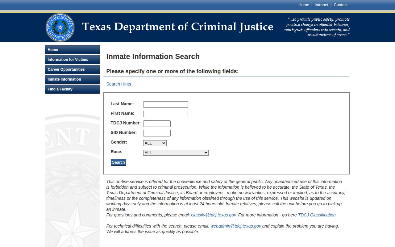 Official TDCJ online inmate search form