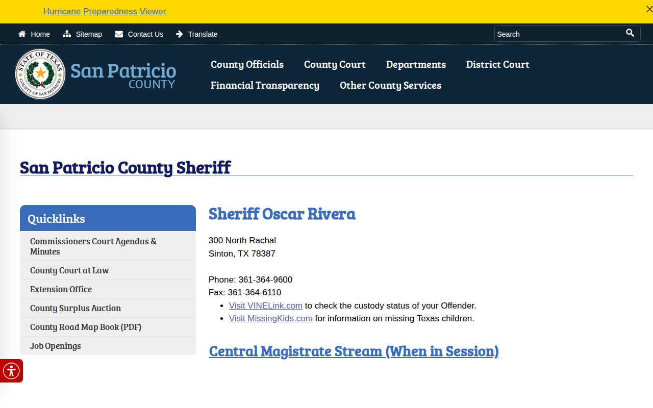 San Patricio County Sheriff custody and contact page